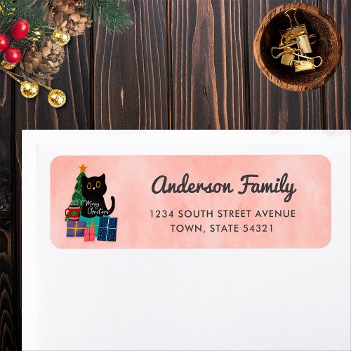 Merry Christmas Cute Black Cat Pink Return Address Label