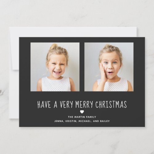 Merry Christmas  Cute Black with Heart Two Photo Holiday Card