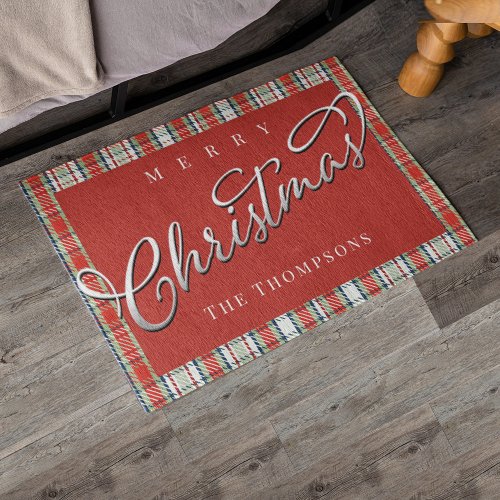 Merry Christmas Cute Calligraphy Red Green Plaid  Rug