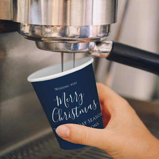 Merry Christmas Cute Calligraphy Simple Navy Blue Paper Cups (Merry Christmas white calligraphy script simple navy blue paper cup. )