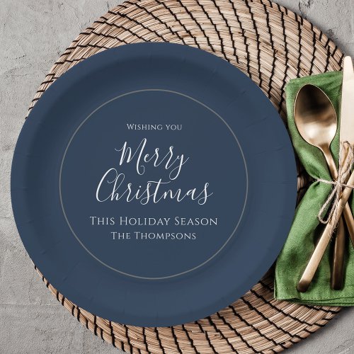 Merry Christmas Cute Calligraphy Simple Navy Blue Paper Plates