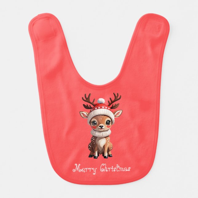 Merry Christmas, Cute Cartoon Deer + Name Template Baby Bib (Front)