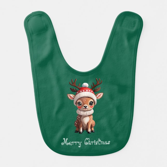 Merry Christmas, Cute Cartoon Deer, Red & Green Baby Bib (Front)