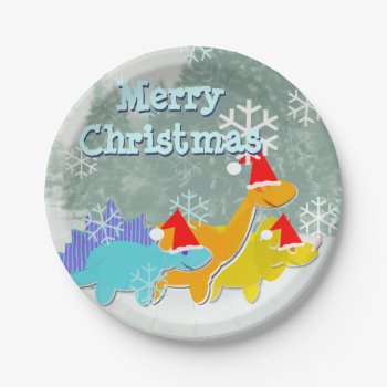 Merry Christmas Cute Cartoon Dinosaurs Paper Plates by dinoshop at Zazzle