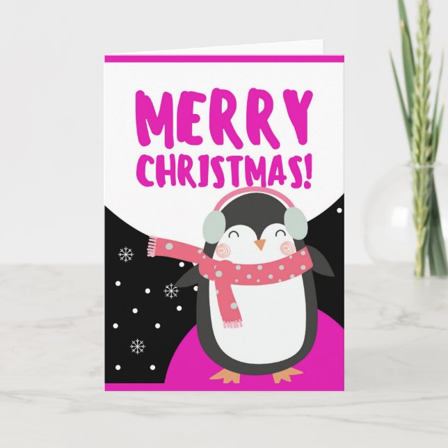 Merry Christmas Cute Cartoon Penguin Holiday Card (Front)