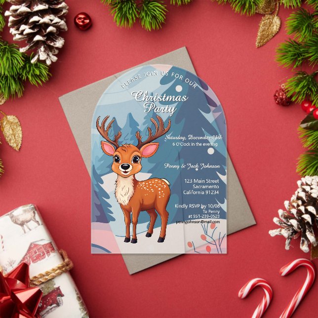 Merry Christmas Cute Cartoon Reindeer in winter Acrylic Invitations (Insitu (Holiday))