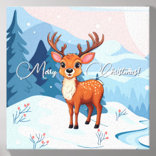 Merry Christmas Cute Cartoon Reindeer in winter Canvas Photo Tile