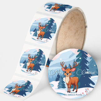 Merry Christmas Cute Cartoon Reindeer in winter Classic Round Sticker
