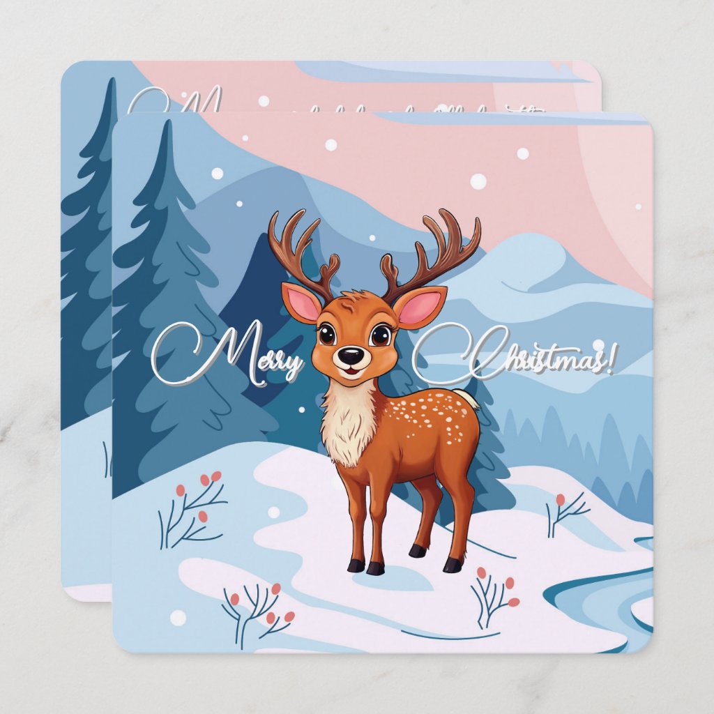 Merry Christmas Cute Cartoon Reindeer in winter