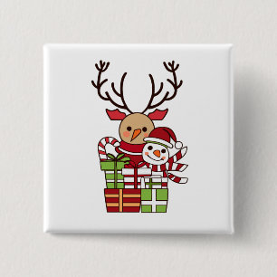 Merry Christmas cute cartoon reindeer snowman gift Button