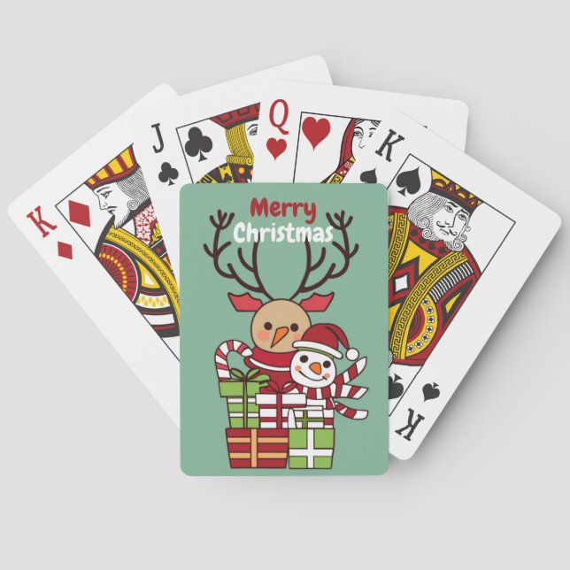 Merry Christmas cute cartoon reindeer snowman gift Poker Cards (Back)