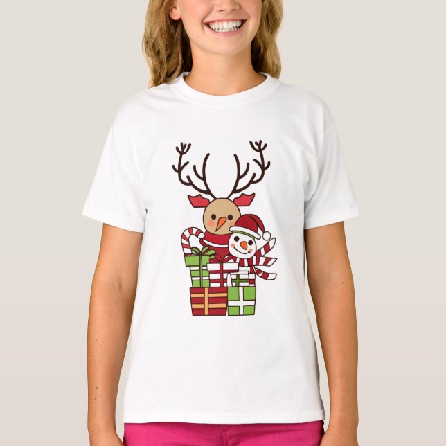 Merry Christmas cute cartoon reindeer snowman gift T-Shirt (Front)