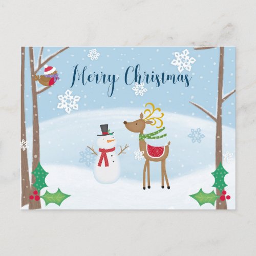 Merry Christmas Cute Cartoon Snowman Reindeer Postcard