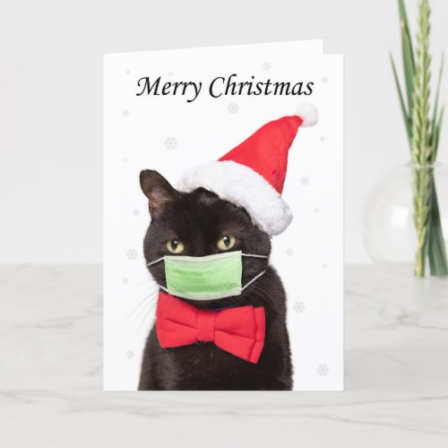 Merry Christmas Cute Cat in Santa Hat and Mask Holiday Card
