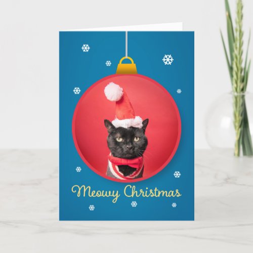 Merry Christmas Cute Cat in Santa Hat on Ornament Holiday Card