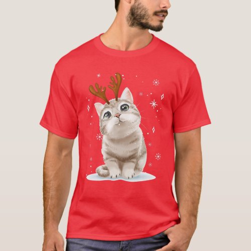 Merry Christmas Cute Cat Reindeer Matching Family T_Shirt