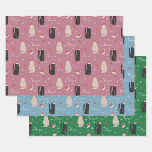 Merry Christmas Cute Cats Pink, Blue, Green Wrapping Paper Sheets