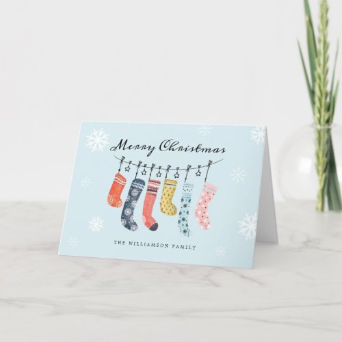 Merry Christmas  Cute Colourful Stockings Hanging Holiday Card