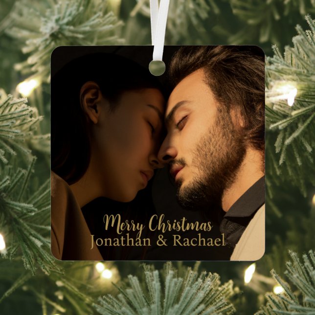 Merry Christmas cute couple photo modern script    Metal Ornament (Insitu)