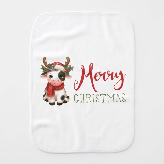 Merry Christmas cute cow  Baby Burp Cloth (Front)