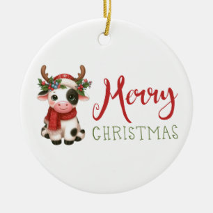 Merry Christmas cute cow Ceramic Ornament