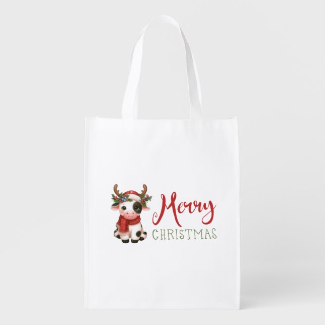 Merry Christmas cute cow  Grocery Bag (Front)