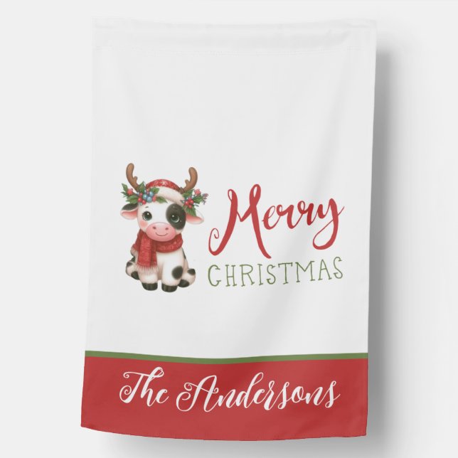 Merry Christmas cute cow  House Flag (Front)