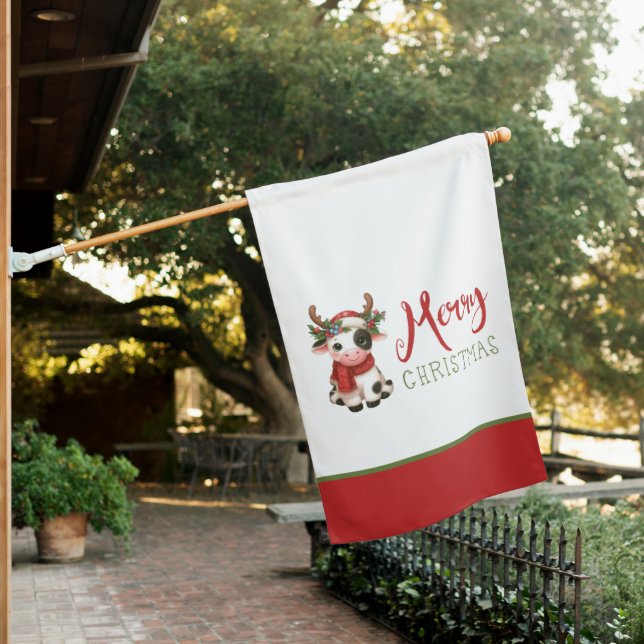 Merry Christmas cute cow  House Flag (In SItu)