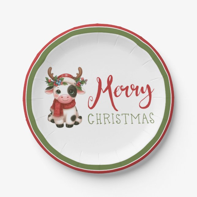 Merry Christmas cute cow  Paper Plates (Front)
