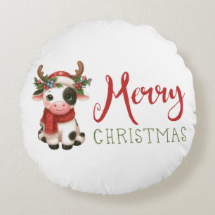 Merry Christmas cute cow Round Pillow