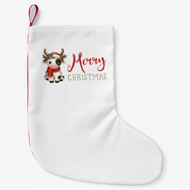 Merry Christmas cute cow  Small Christmas Stocking (Front)