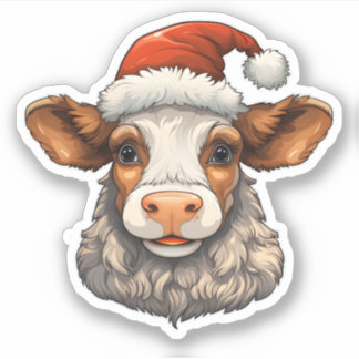 Merry Christmas Cute Cow Wearing A Santa Hat Sticker