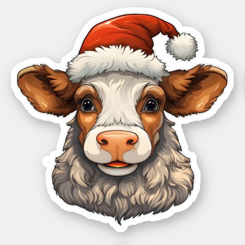 Merry Christmas Cute Cow Wearing A Santa Hat  Sticker