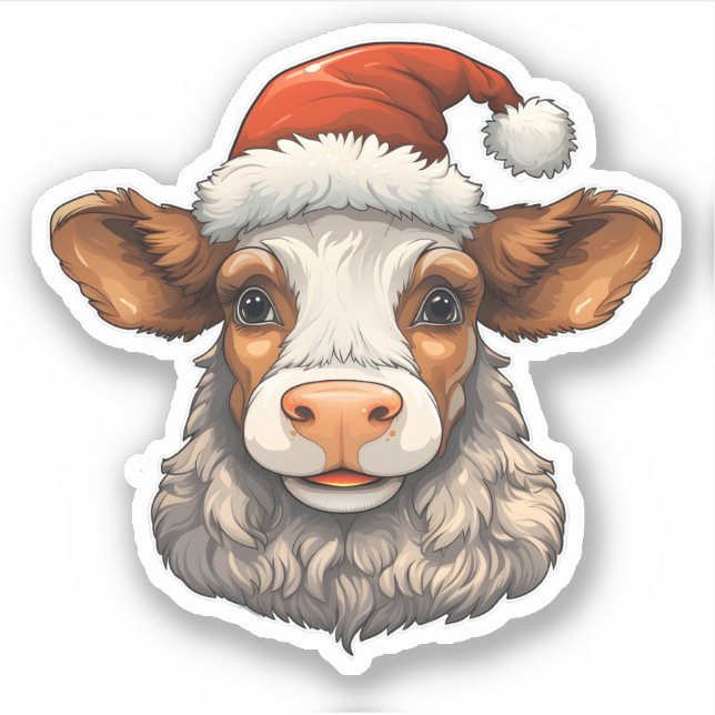 Merry Christmas Cute Cow Wearing A Santa Hat  Sticker (Front)