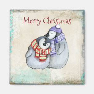 Merry Christmas Cute Cuddling Penguins Magnet