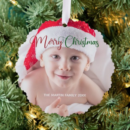 Merry Christmas Cute Custom Baby Photo 2 Sided Ornament Card