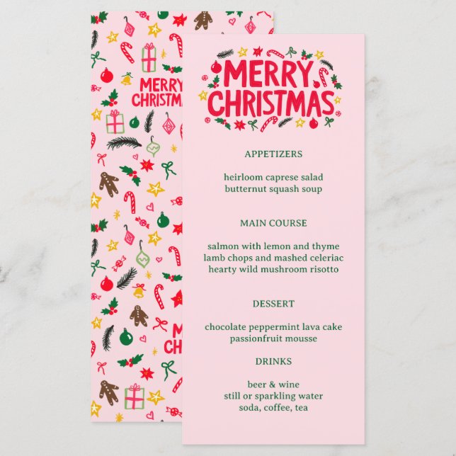 Merry Christmas Cute CUSTOM Holiday Dinner Party Menu (Front/Back)
