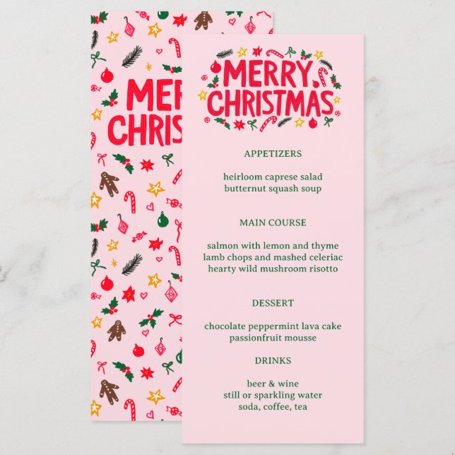 Merry Christmas Cute CUSTOM Holiday Dinner Party Menu (Front/Back)