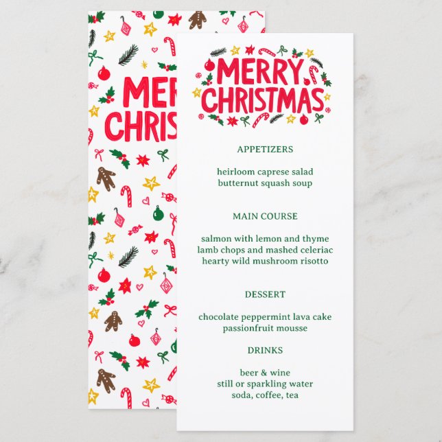Merry Christmas Cute CUSTOM Holiday Dinner Party Menu (Front/Back)