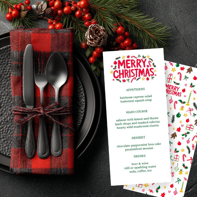 Merry Christmas Cute CUSTOM Holiday Dinner Party Menu (Merry Christmas Cute Doodles CUSTOM Holiday Dinner Party Menu
)
