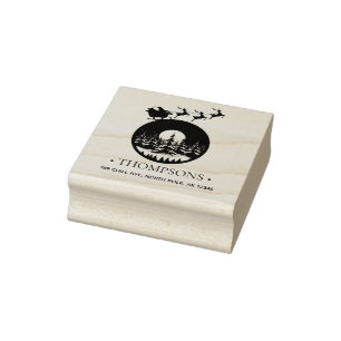 Merry Christmas Cute Custom Santa Sleigh and Trees Rubber Stamp