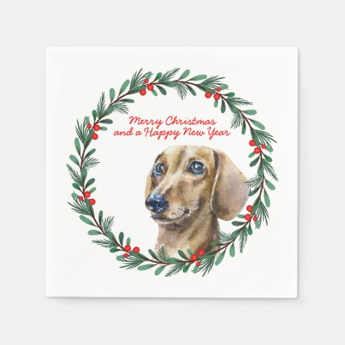 Merry Christmas Cute Dachshund Dog Holiday Wreath Napkins