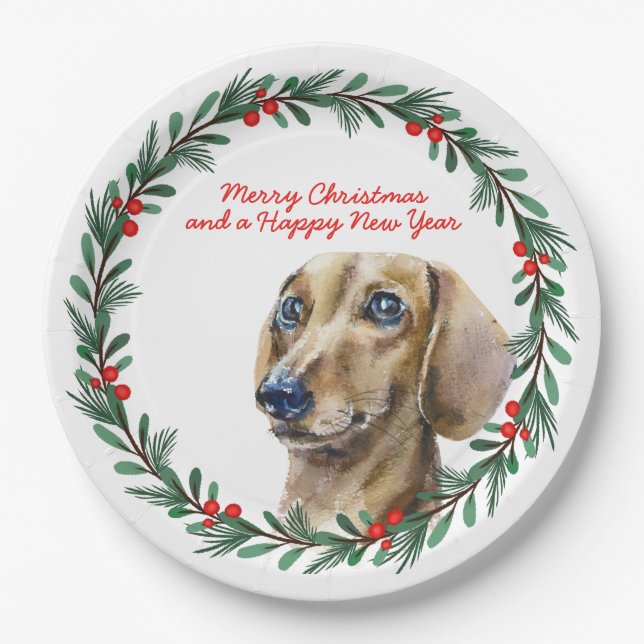 Merry Christmas Cute Dachshund Dog Holiday Wreath Paper Plates (Front)