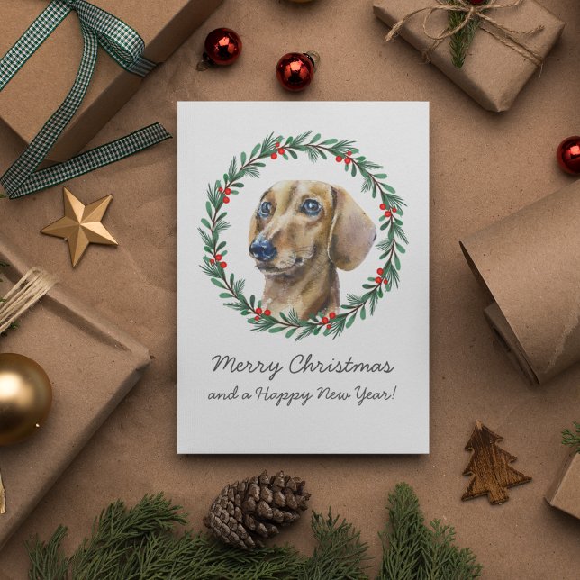 Merry Christmas Cute Dachshund Holiday Wreath Card (Personalize front and back,  family name and greeting on reverse.  All text is editable.)