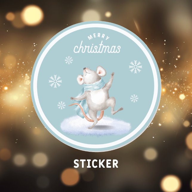 Merry Christmas Cute Dancing Mouse Classic Round Sticker (Creator Uploaded)