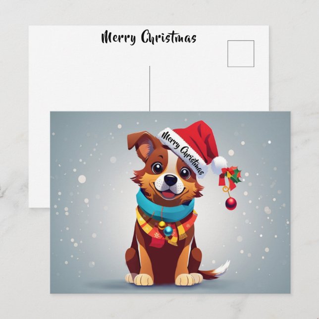 Merry Christmas Cute Decorated Puppy Santa Hat  Postcard (Front/Back)