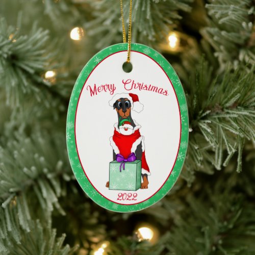 Merry Christmas Cute Doberman In Santa Outfit  Ceramic Ornament