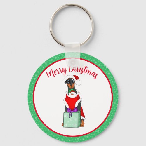 Merry Christmas Cute Doberman In Santa Outfit  Keychain