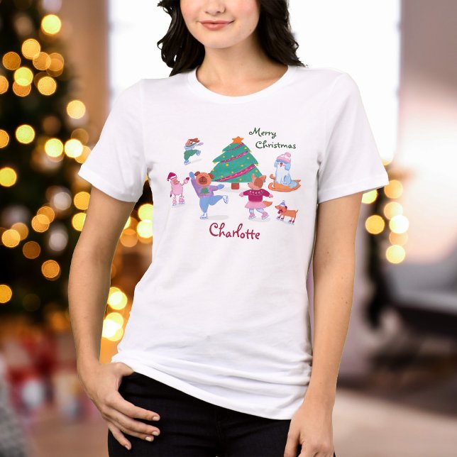 Merry Christmas Cute Dog Ice Skating Name Women's Tri-Blend Shirt (Creator Uploaded)