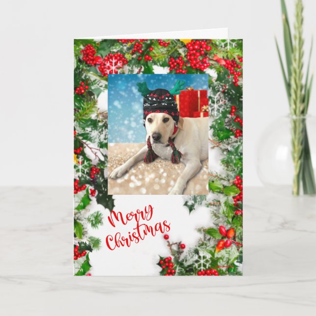 Merry Christmas Cute Dog with Antlers Customize Holiday Card (Front)